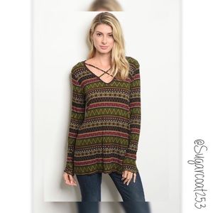 •M.T.S• Olive Stripe Print Top